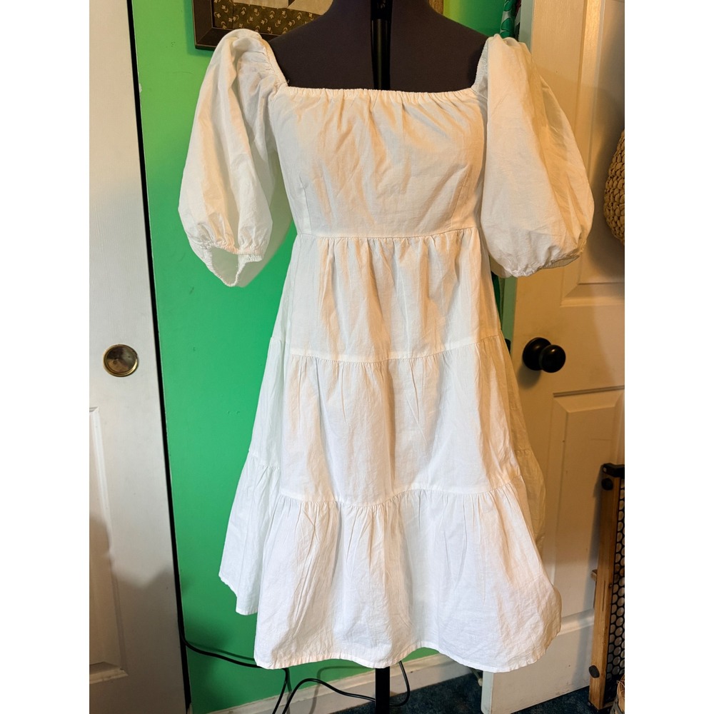 Babydoll Dress Women Small White  Puff Sleeve Tiered Smocked